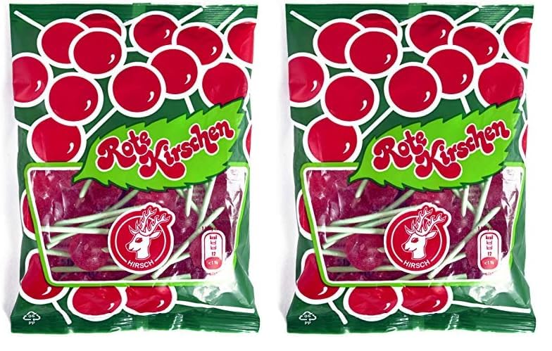 Rote Kirschen, Das "ORIGINAL" von HIRSCH, Kirschlutscher mit dem original grünen Stiel, 100g Beutel (Packung mit 2)