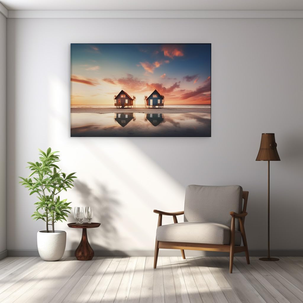 Canvas for Living room. Serenity at Sunset: Beachfront Bliss Unveiled in Twilight Hues, 27 x 18 inch Canvas Wall Art - Contemporary Masterpieces - Modern Home Decor
