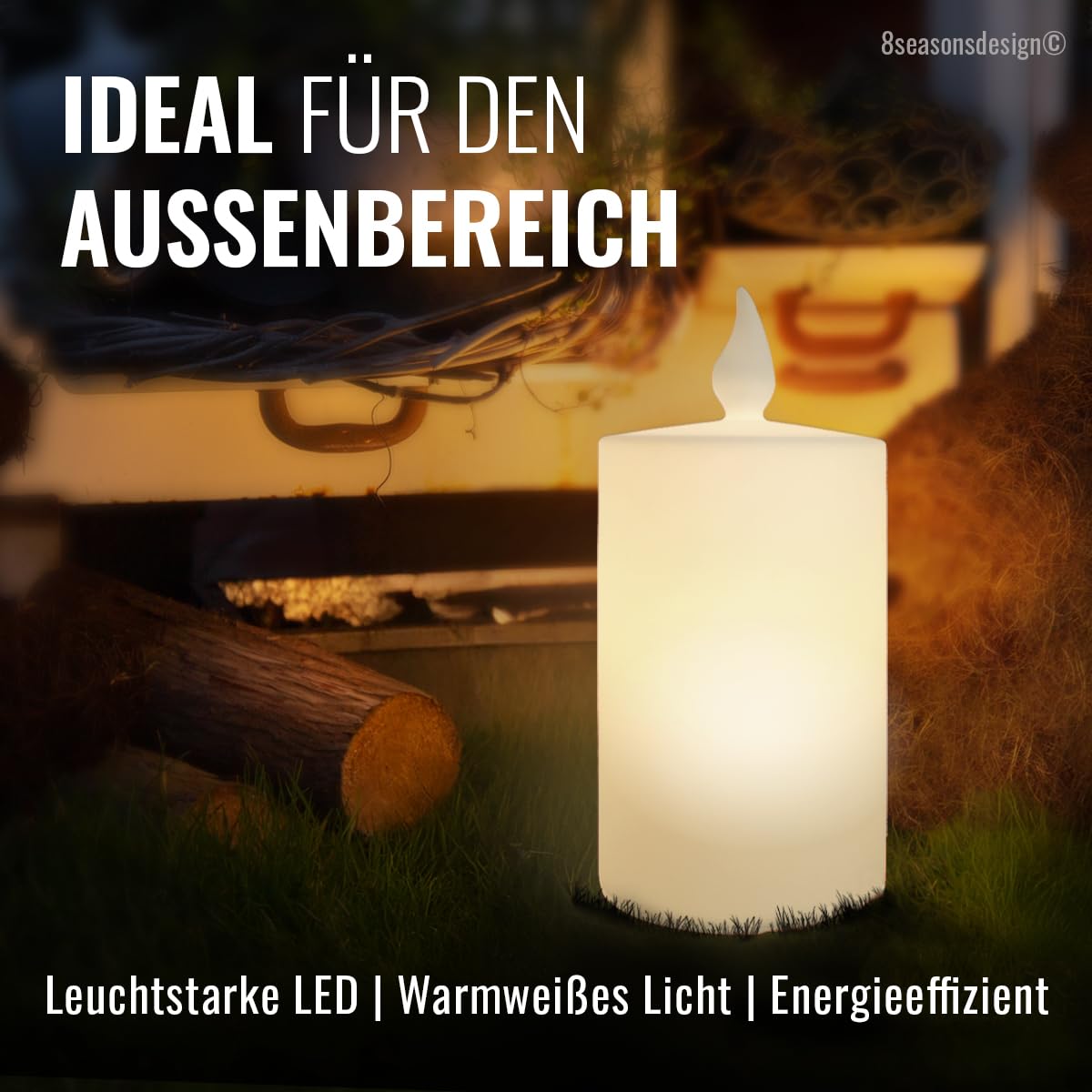 8 seasons design Dekoleuchte Kerze Shining Candle 80 cm (Weiß) E27-Fassung, LED warmweiß – wetterfest – für innen & außen (Garten, Terrasse, Balkon) - Weihnachten, Deko Advent