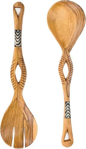 Miniatura 1 de Juego de utensilios de cocina de madera de olivo silvestre keniano tallada a mano con ojales de madera con acento de hueso, para ensaladas