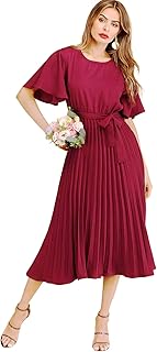 Milumia Women's Elegant Belted Pleated Flounce Sleeve Long Dress