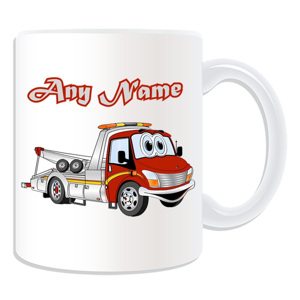 Personalised Gift - Smiley Tow Truck Mug (Transport Design Theme, White) - Any Name/Message on Your Unique - Wrecker Breakdown Road Recovery Vehicle AA Lorry HGV Driver Automobile Green Flag RAC