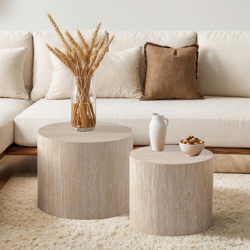Round Nesting Coffee Table Set of 2 Modern Small Round Coffee Table Travertine Side Table Small End Table Circular Coffee Tables Circle Nested Coffee