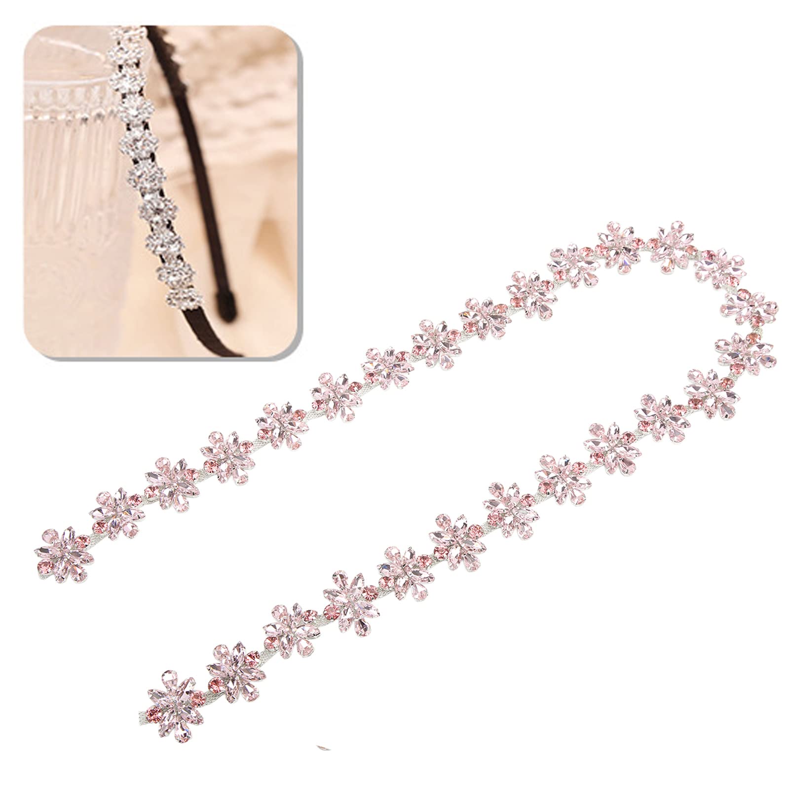 1 Yard Rhinestone Trim Flower Type Rhinestone Chain Applique for Wedding Party Decoration Bridal Costume Embellishment Clothing Accessories(Pink)