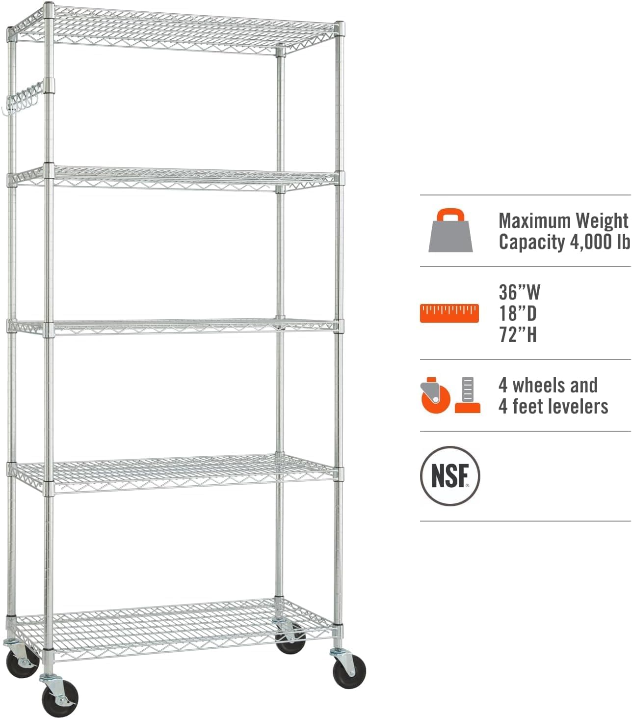 Diagram showing TRINITY EcoStorage 5-Tier Wire Shelving Unit with key features and specifications
