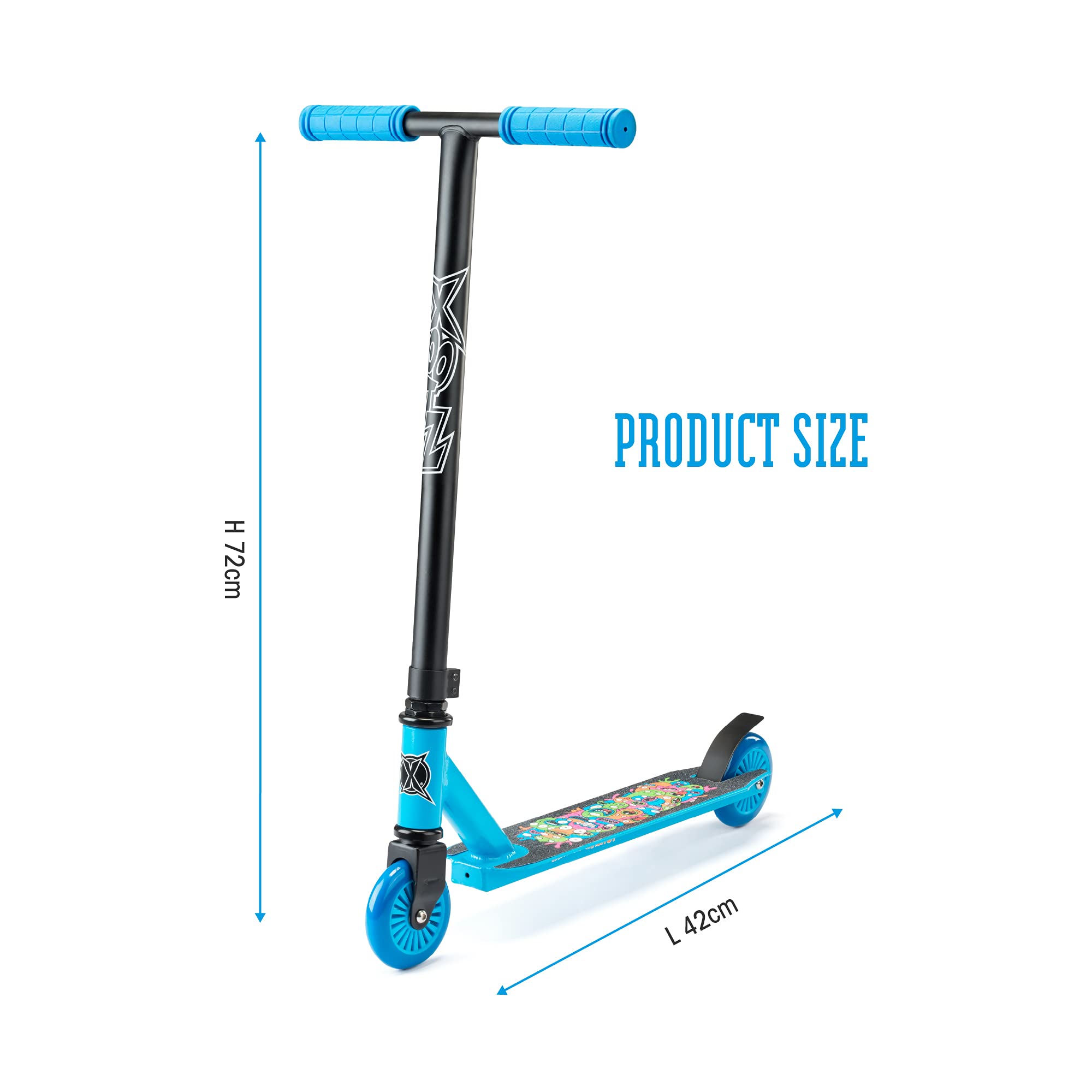 Xootz Monster Mash Up hulajnoga dla dzieci, chłopcy i dziewczęta hulajnoga, poziom wejściowy, dla początkujących T-Bar Stunt Scooter, stylowa taśma do chwytania, w wieku 5 +, niebieska