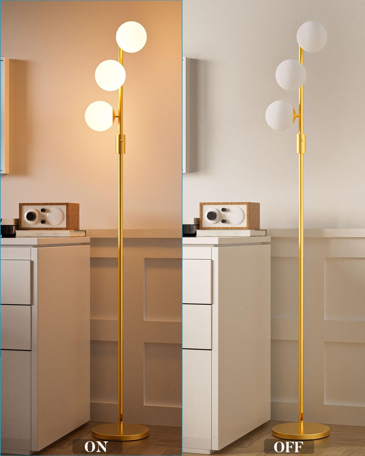 FAITHSAIL 3 Globe Mid Century Floor Lamp, Dimmable Modern Standing Lamp with PC Shade & 3pcs Warm White LED Bulbs, Gold Tall Tree Lamp for Living Room, Bedroom