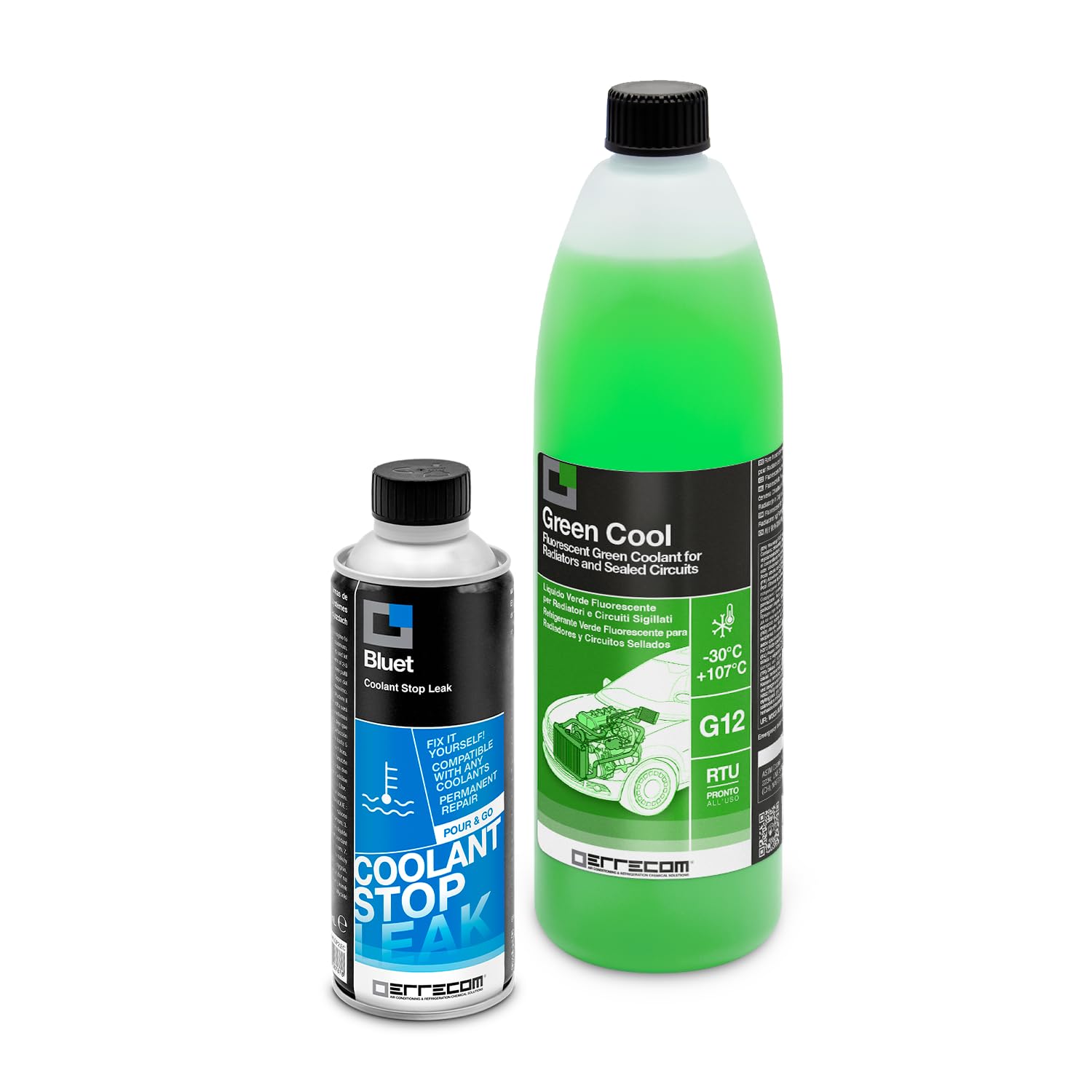 ERRECOM Car Cooling System Repair and Refill Kit, Includes Bluet Radiator Leak Stop (250 mL) + Green Cool Ready-to-Use Green Coolant Antifreeze -30°C/+107°C G12 (1 L)