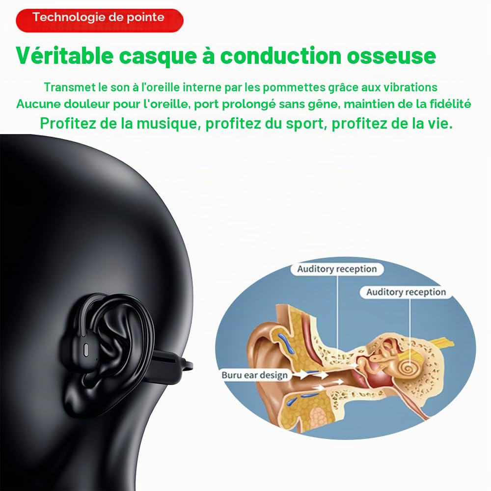 S10 Casque de natation à conduction osseuse avec lecteur MP3 intégré 32 Go de mémoire IP68 étanche Bluetooth avec écran LED pour la conduite, le vélo, la course à pied, le ski Rouge