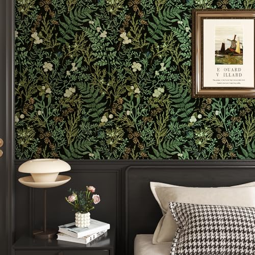 VaryPaper Green Mosses Peel and Stick Wallpaper 44.5cmx300cm Tropical Leaf Contact Paper Black Sticky Back Plastic Floral Wallpaper for Living Room Bedroom Shelf Liner Furniture Wrap Lining Paper