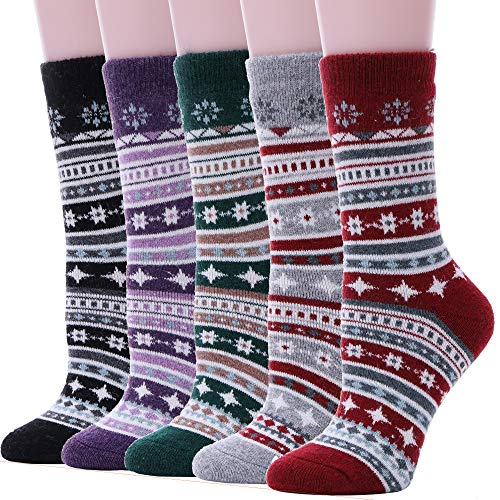 Womens Wool Socks Thick Heavy Thermal Cabin Fuzzy Winter Warm Crew Socks For Cold Weather 5 Pack (Snowflake Stripe)