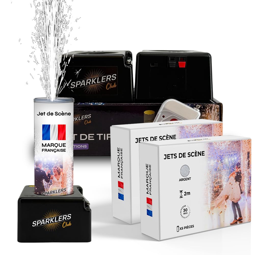SPARKLERS CLUB Pack 2 Déclencheurs + Jets de Scène couleur Argent - Pile et Télécommande Inclus - Jet de scène d'Intérieur à Étincelles pour Mariage - Catégorie F1 (2 Mètres 30 Sec, 10)