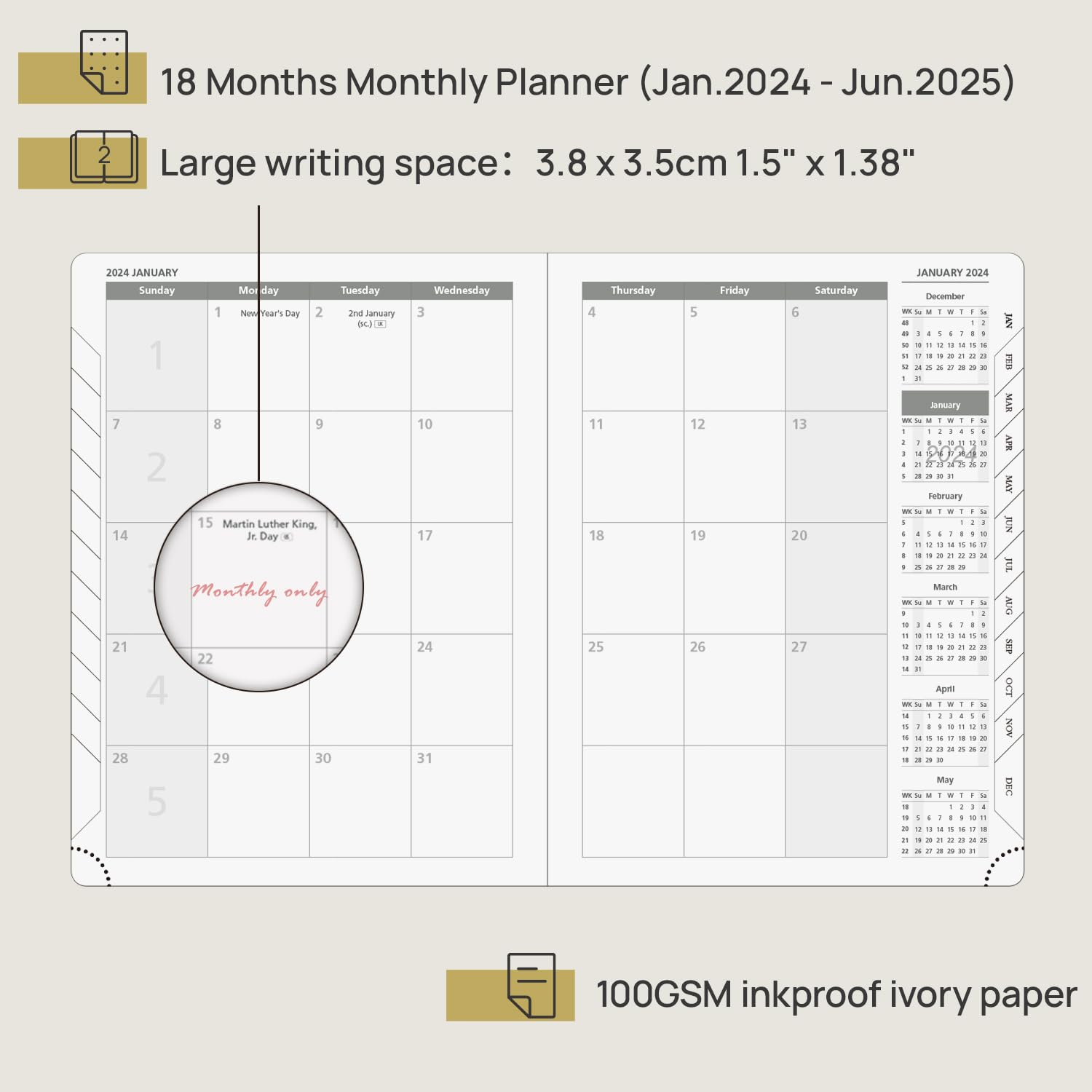 POPRUN Month to View Diary 2024-2025 22x16.5cm (18-Month: Jan'24, Jun'25) Monthly Planner with Tabs, 100 GSM Ivory Paper - Image 2