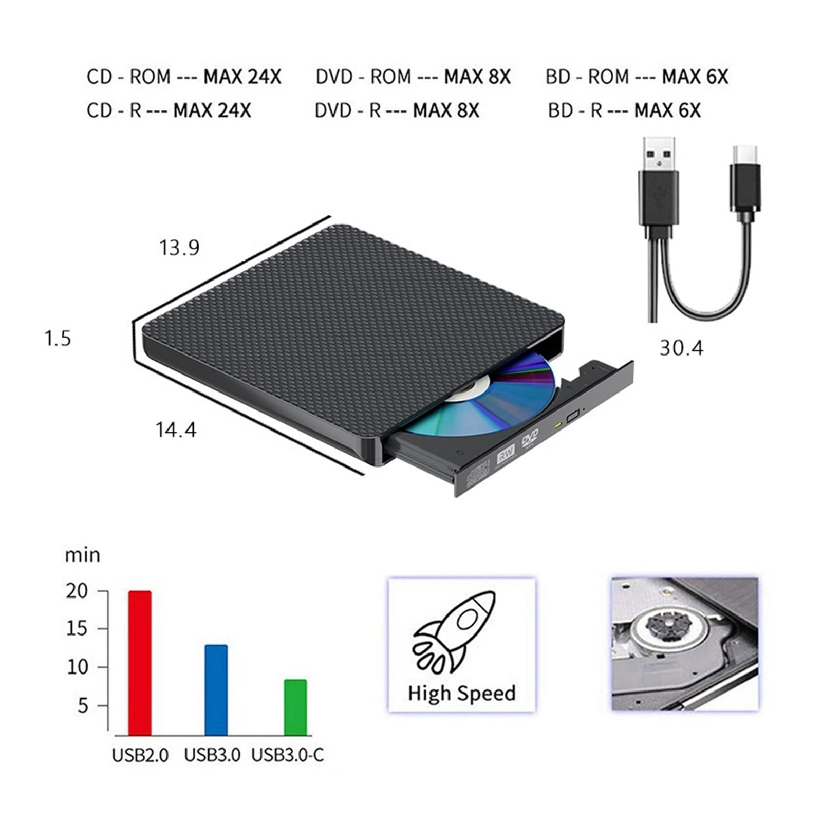 Grabadora De BLU-Ray USB3.0 Externa Unidad De DVD BLU-Ray/TPYE-C Compacto Fácil Uso