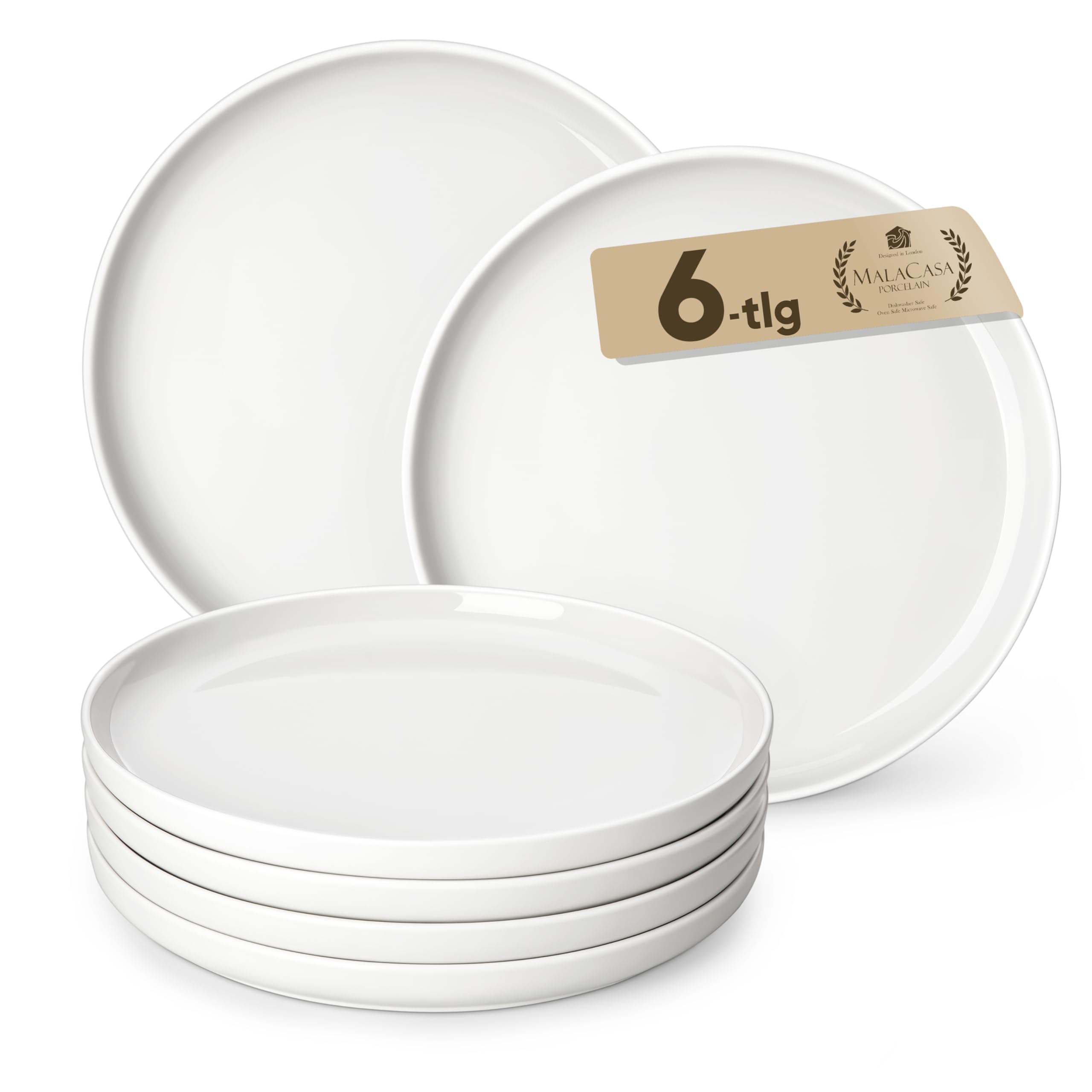 MALACASA LUNA Dessertteller Set für 6 Personen, Ø 21 cm, weiße Porzellanfrühstücksteller mit Vorspeise- und Dessertfunkt