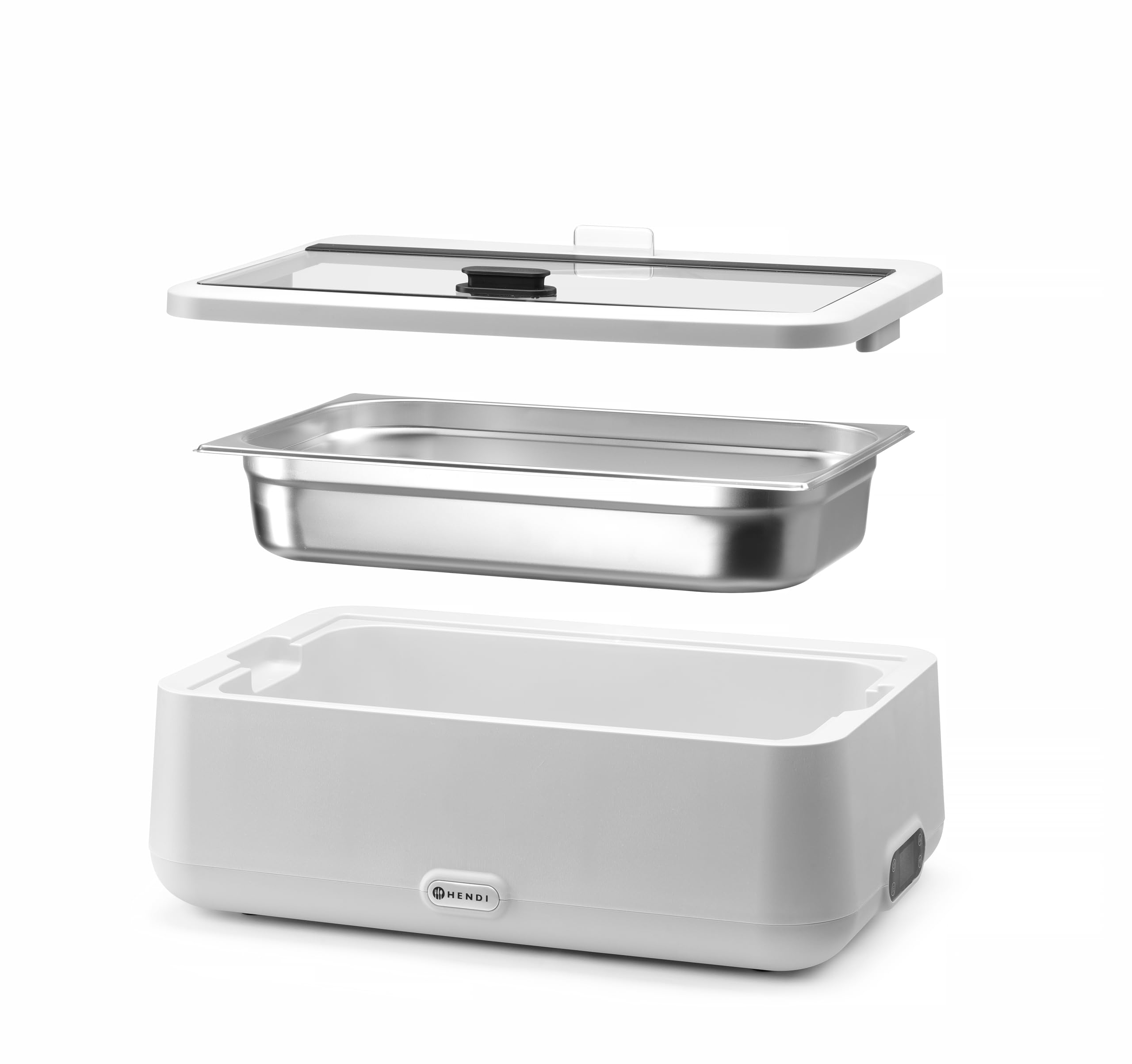 HENDI Chafing dish elettrico UNIQ per buffet, GN 1/1, 12,5L, 35-85°C, 220-240V, 700W, 607x402x(H)245mm, alluminio, acciaio inox, PP, vetro temperato, bianco