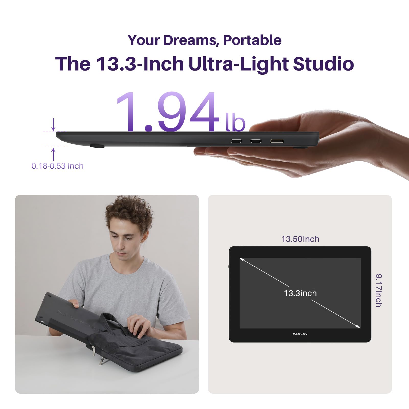 GAOMON PD1320 33,3 cm (13,3 Zoll) volllaminiert, 86% NTSC neigbar, mit Passivstift 8192 und Lederständer, Zeichenmonitor für Win/Mac/Android OS – (grau)
