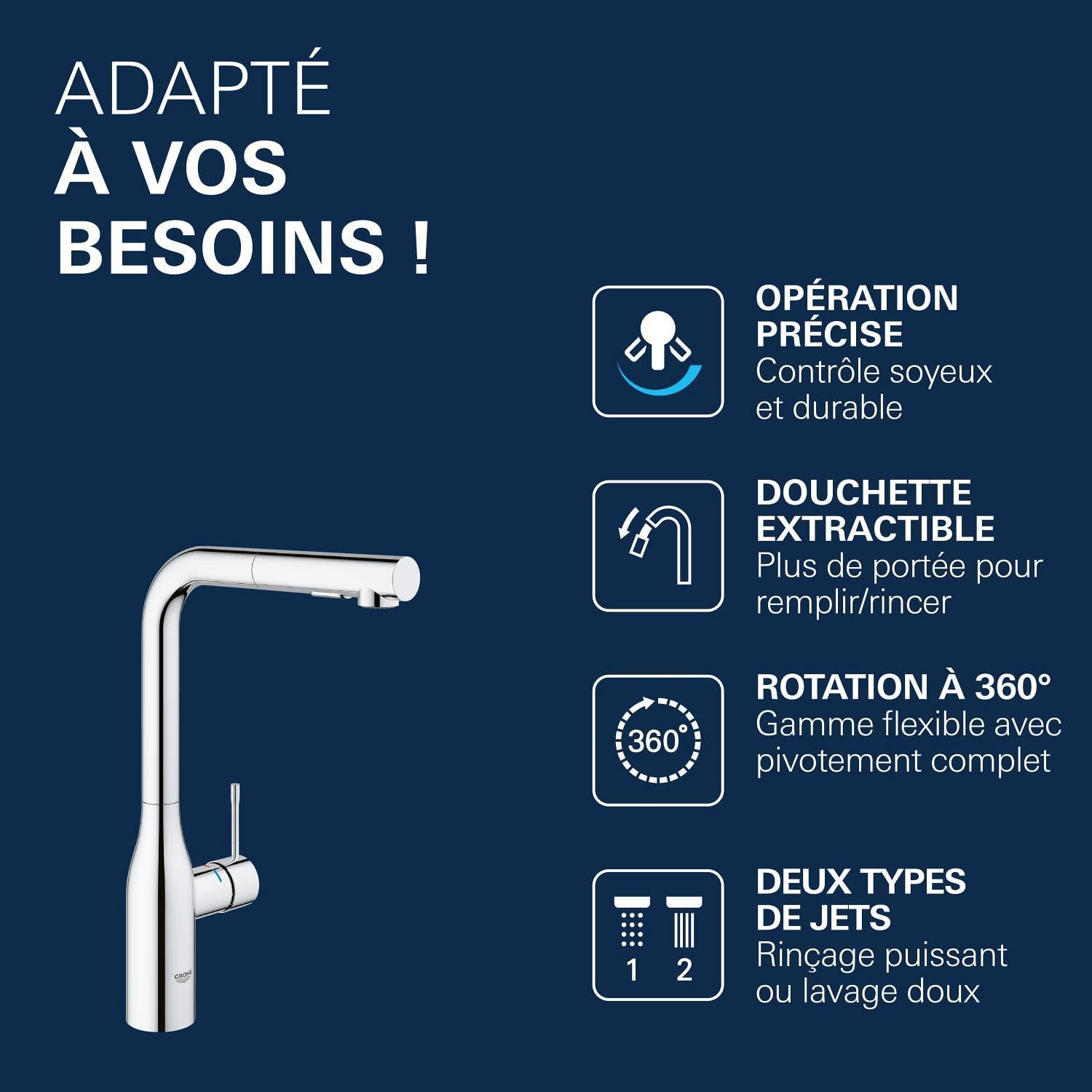 GROHE Essence Mitigeur Robinet pour Evier de Cuisine (Bec Haut, Zone de rotation 360°, Mousseur Extractible), Chrome, 30270000