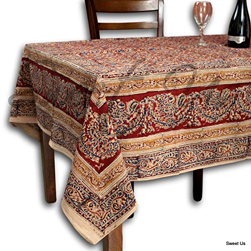 Block Print Red Square Tablecloth 60x60 inches for Dining and Kitchen Vegetabe Dye Cotton Floral Table Linen
