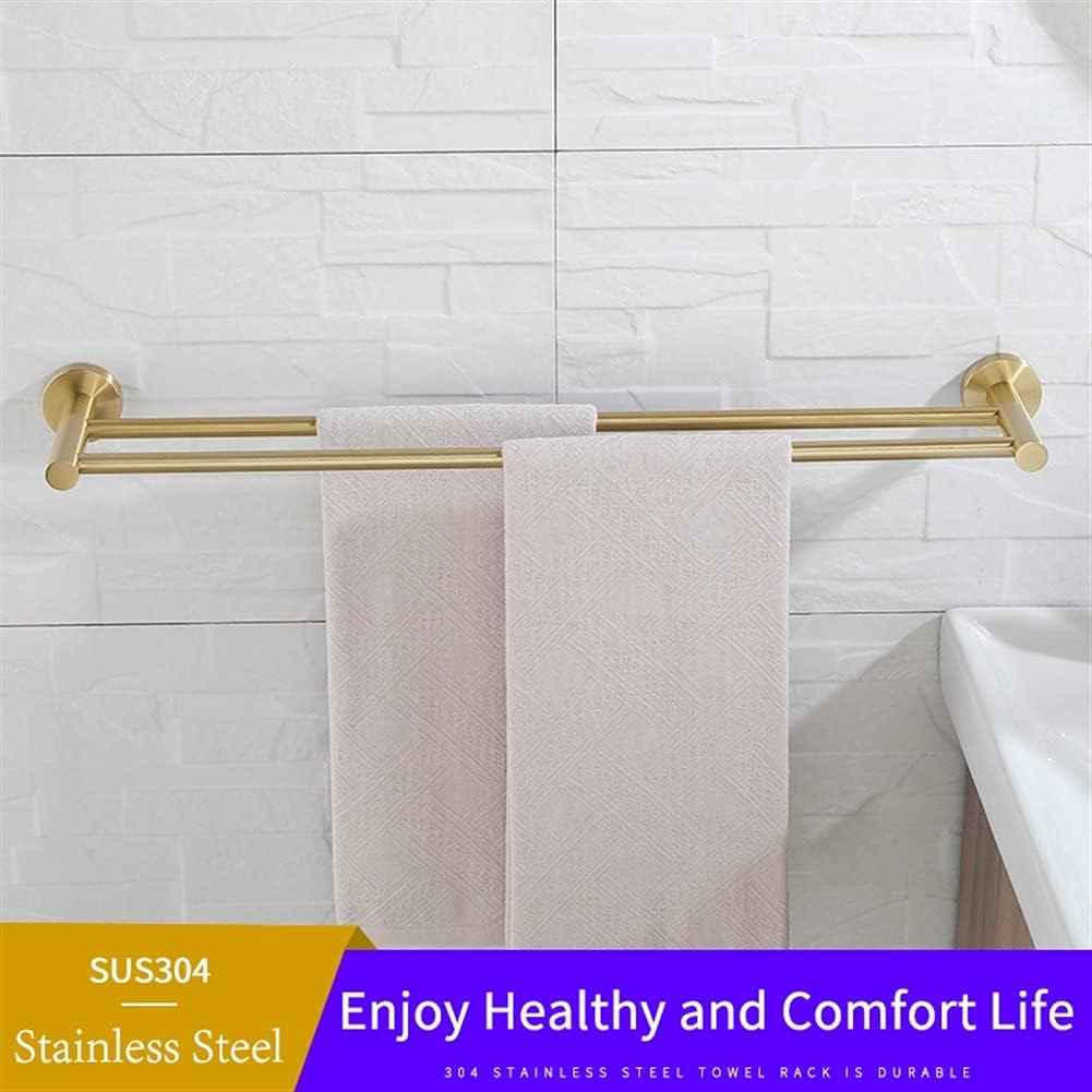 Golden Double Bar Bathroom Towel Rack Wall Mounted Towel Rail, Fashionable Brushed Gold Color Bathroom Hardware Accessories, Set of 2