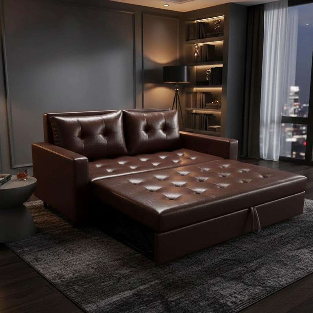 FURNY Tressa 2 Seater Leatherette Pull-Out Sofa Cum Bed (Dark Brown) Premium Finish | Comfortable & Durable | Ideal for Living Room