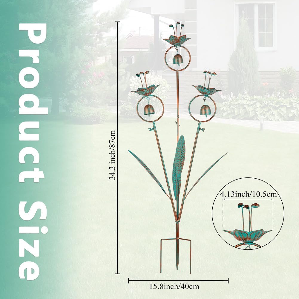 Calla Lily Garden Stake with Bells, Metal Flower Decorative Garden Stakes, 34" H Yard Art for Outdoor Lawn Patio Pathway Decor, Copper Green