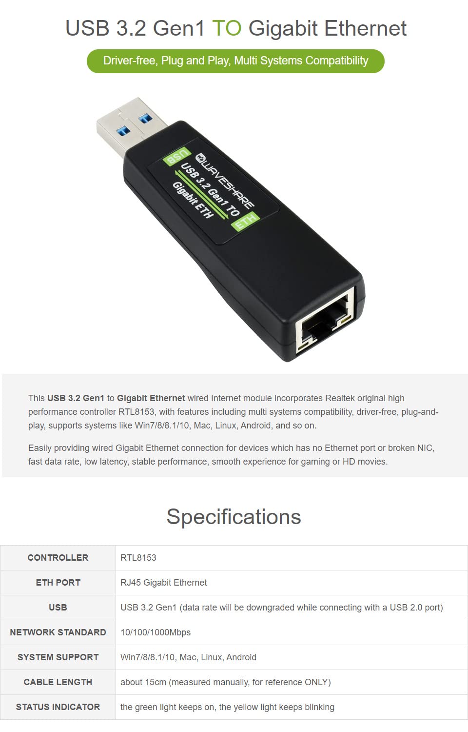 Waveshare USB 3.2 Gen1 to Gigabit Ethernet Converter Driver-Free Plug and Play