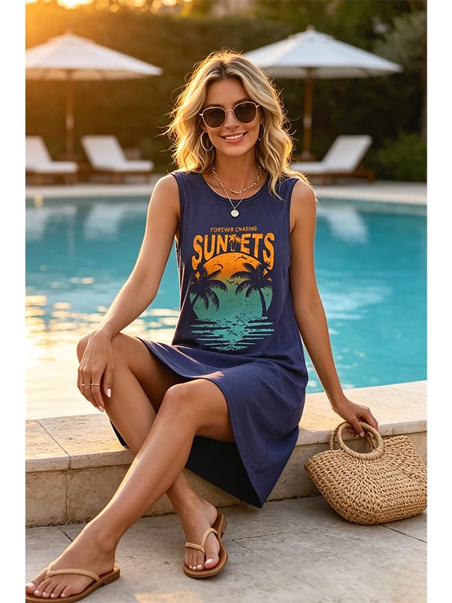 Image of Sun Salt Sand Coconut Tree Tank Mini Dress for Women Sleeveless Beach Praty Shirts Summer Vacation Short Mini Dresses