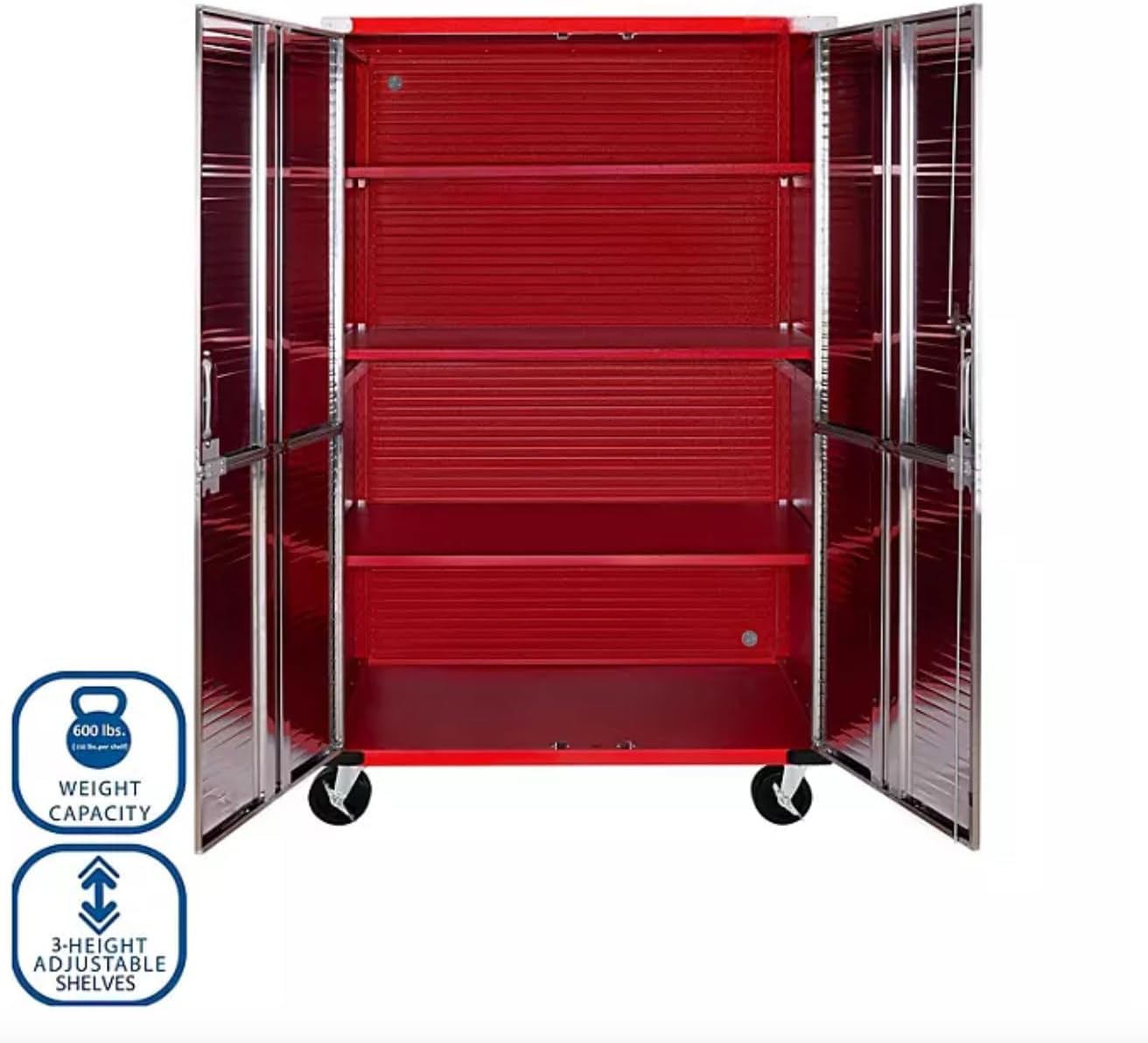 Heavy-Duty Storage Cabinet with Roller Doors, Rolling Casters (Red, 48" W x 18" D x 72" H)