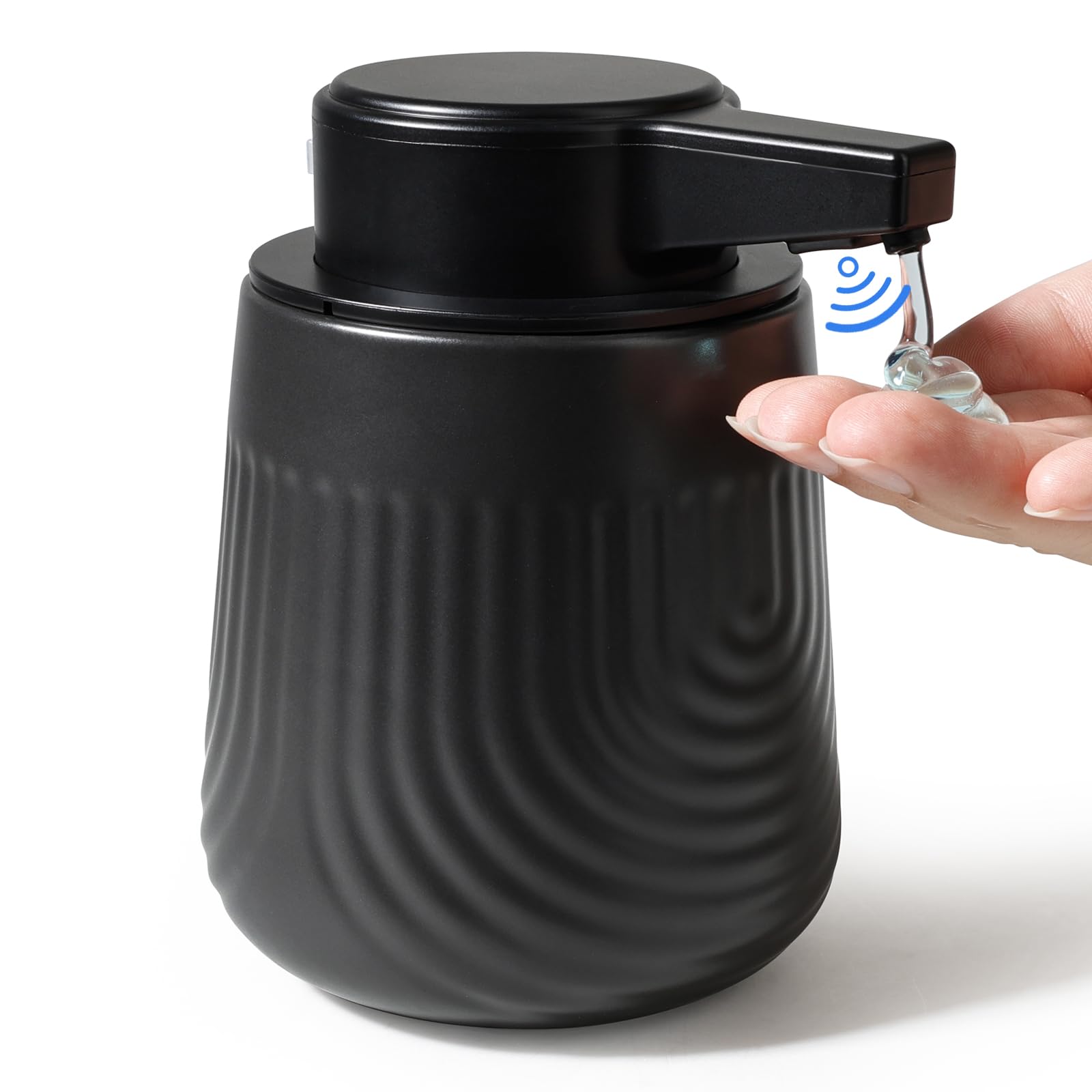 BosilunLife Dispenser automatico di sapone in ceramica con ugello a pompa esteso, 3 livelli regolabili, dispenser di sapone liquido per lozione touchless, per bagno e cucina, design ondulato goffrato