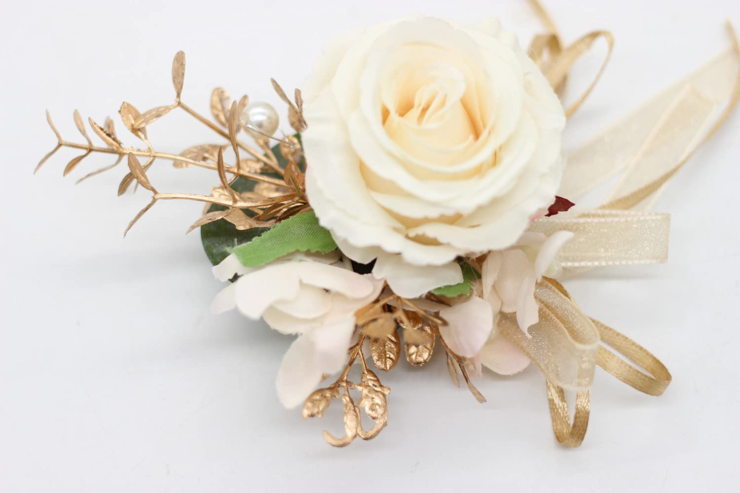 Corsage and Boutonniere Różowa sztuczna piwonia na nadgarstek i pan młody zestaw ręcznie robiony Boutonniere dla mężczyzn dekoracje ślubne (szampan kremowy złoty)
