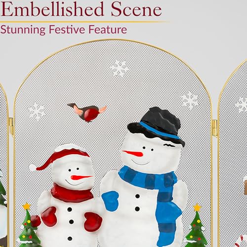 Christow Christmas Fireguard Fireplace Screen, Arched Metal Mesh Fire Screen H49cm (Snowman)