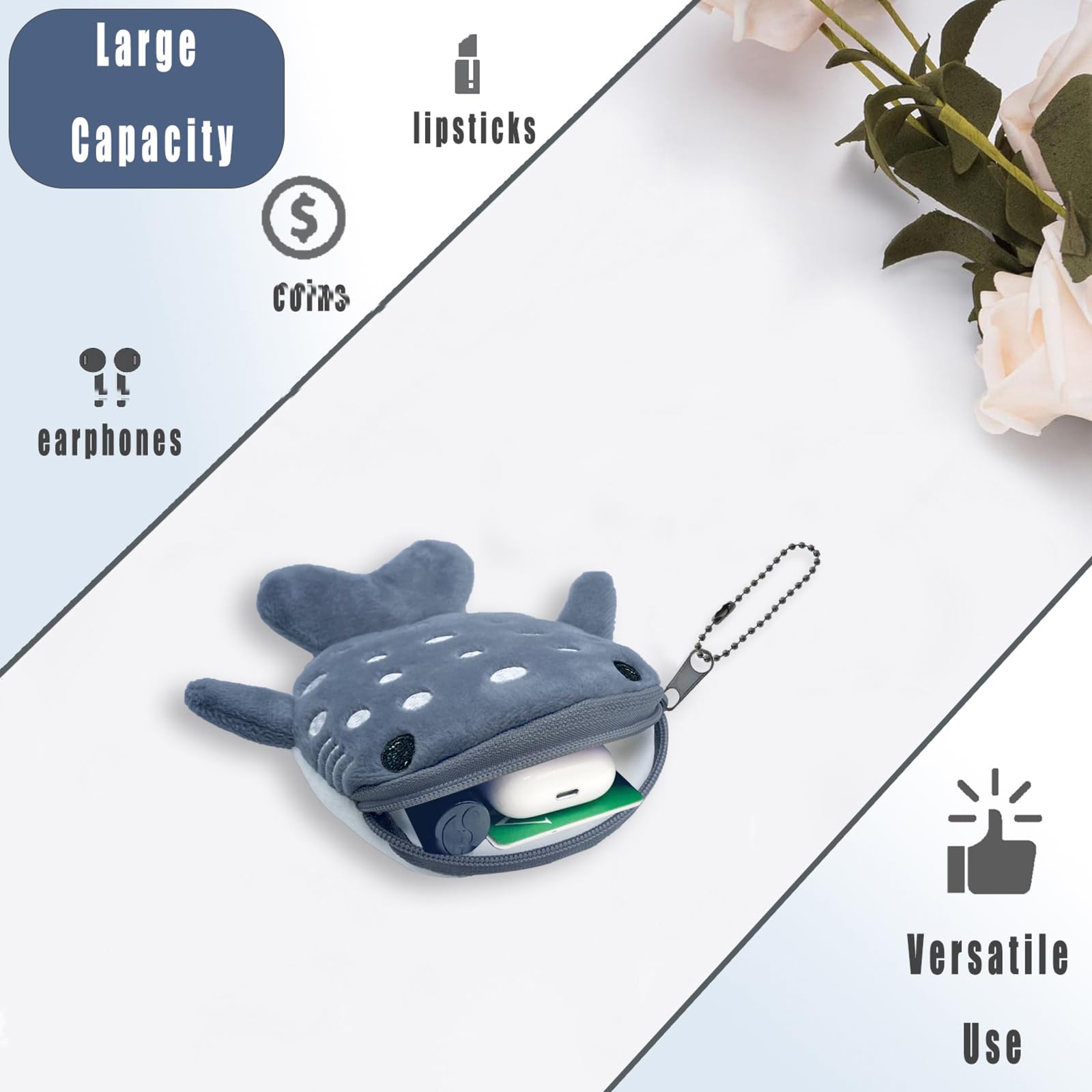Whale Shark Coin Purse Keychain,Cute Plush Change Purse with Zipper Keychain,Kawaii Handmade Coin Pouches for Women: Blue+gray