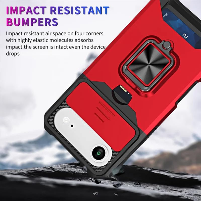 Image of LuxuryKase Shockproof Armor Case for iPhone Air | Slide Camera Cover | Hidden Card Slot | Rotating Ring Kickstand | Magnetic Car Mount Support | Military Grade Protection - Red