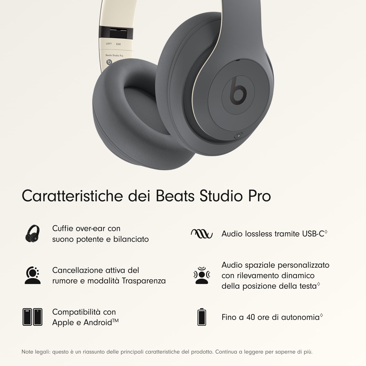 Beats Studio Pro - Cuffie Bluetooth wireless con cancellazione del rumore - Audio spaziale personalizzato, compatibilità con Apple e Android - Grigio sabbia