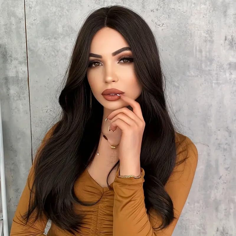 Image of Long Brown Wavy Hair Wig for Women | 26-Inch Heat-Resistant Synthetic Hair | Natural-Looking & Washable | Includes Wig Cap & Comb