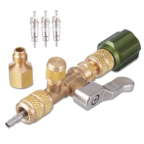 Valve Core Removal Tool for HVAC HS-1430, AC Schrader Valve Tool with Dual Size SAE 1/4 and 5/16 Port Brass Adapter Compatible with R22 R12 R410 R32 R404 R407 R507