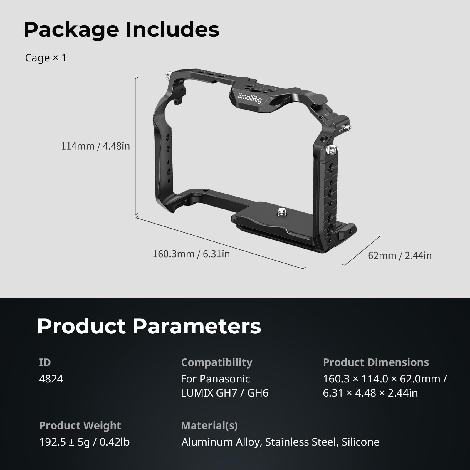 SMALLRIG Quick Release Cage per Panasonic GH7 / GH6, Camera Cage con Cold Shoe Brevettato HawkLock Style/NATO Rail/Quick Release Plate per Arca, Accesso Completo e Design Antigraffio - 4824