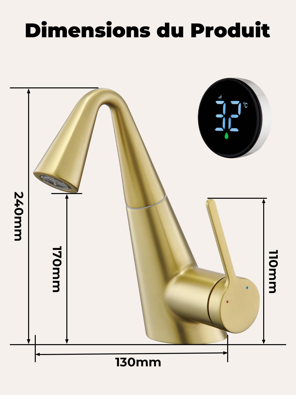 Robinet Lavabo, Extensible Robinet Salle Bain Indicateur Températ LED