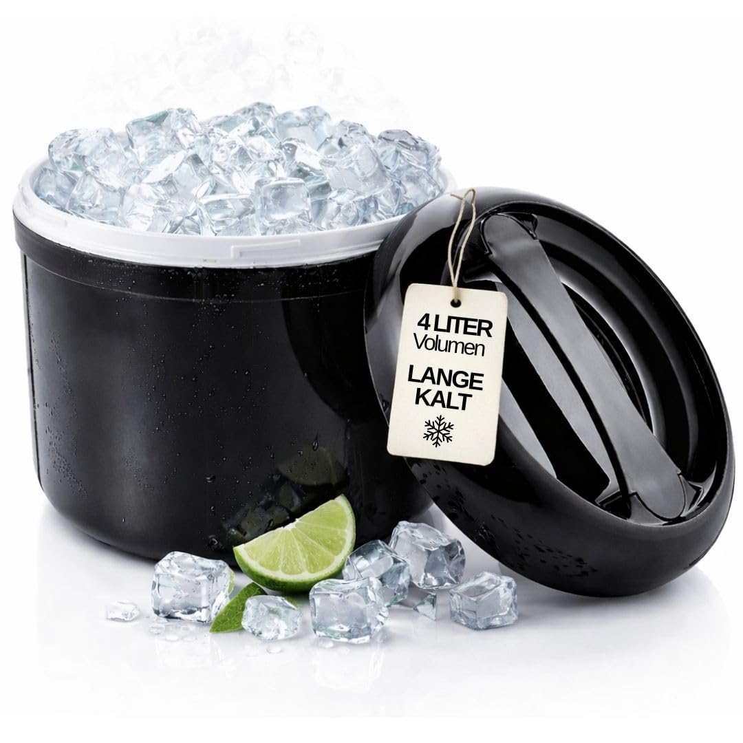Eiswürfelbehälter 4 Liter mit Deckel – Doppelwandiger Eiskübel Schwarz inkl. gelochtem Einsatz – Isolierte 4 Liter Eisbox für Bar & Party – Robuster Ice Bucket & Eiskühler