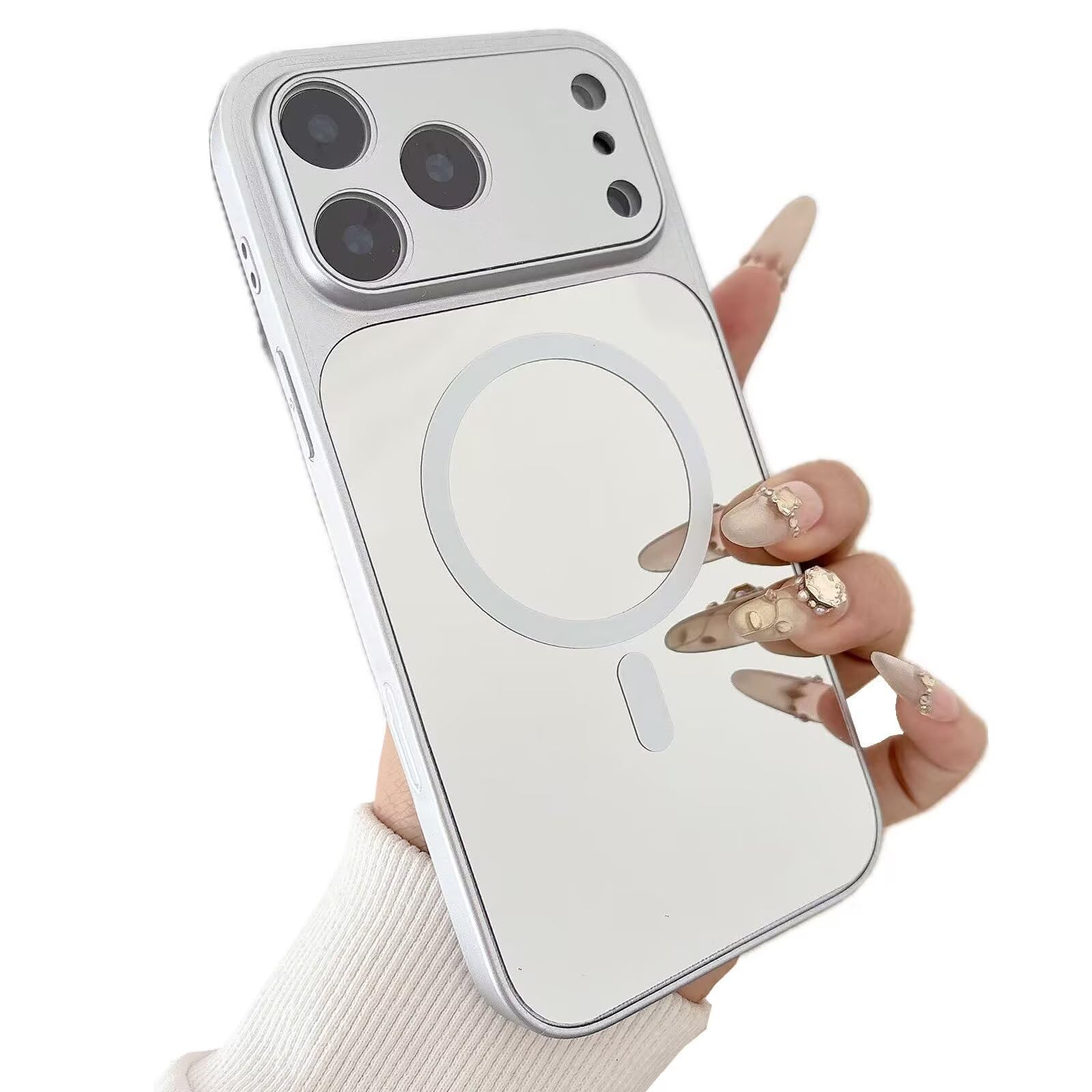 Miagon Mirror Magnetic Case for iPhone 17 Pro,Cover [Compatible with Magsafe] Makeup Mirror Effect Bright Reflection Glass Glossy Back Phone Bumper with Camera Lens Protector Silver