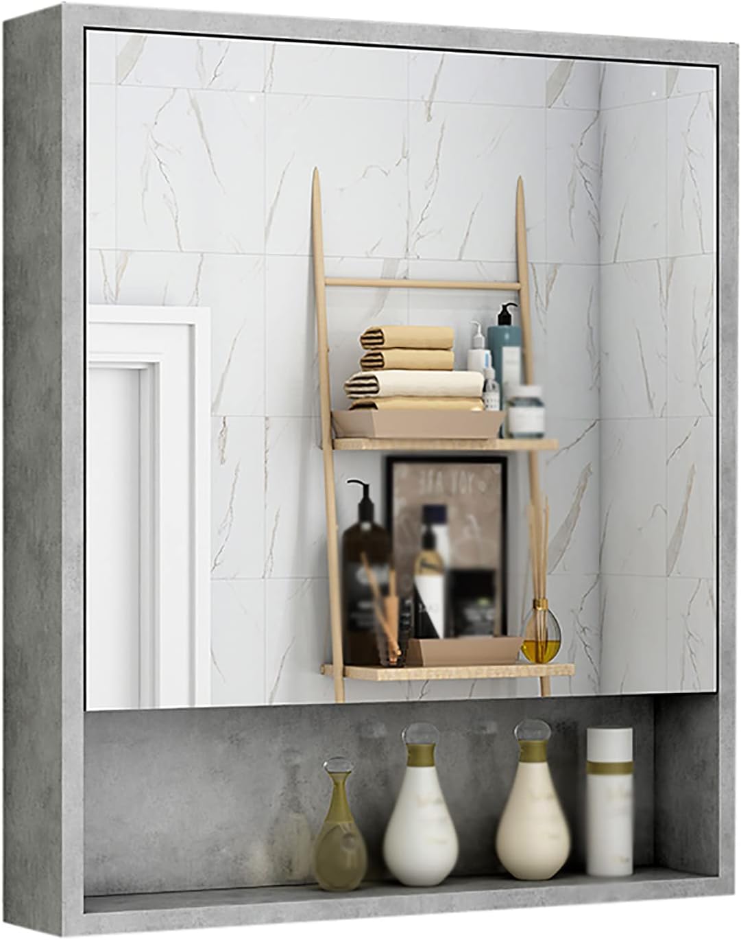 Bathroom Mirror Cabinet Wall Mounted Storage Cupboard Bath Cabinet with Storage Function Half-Sealed Mirror (Gray 58 * 75 * 12cm)
