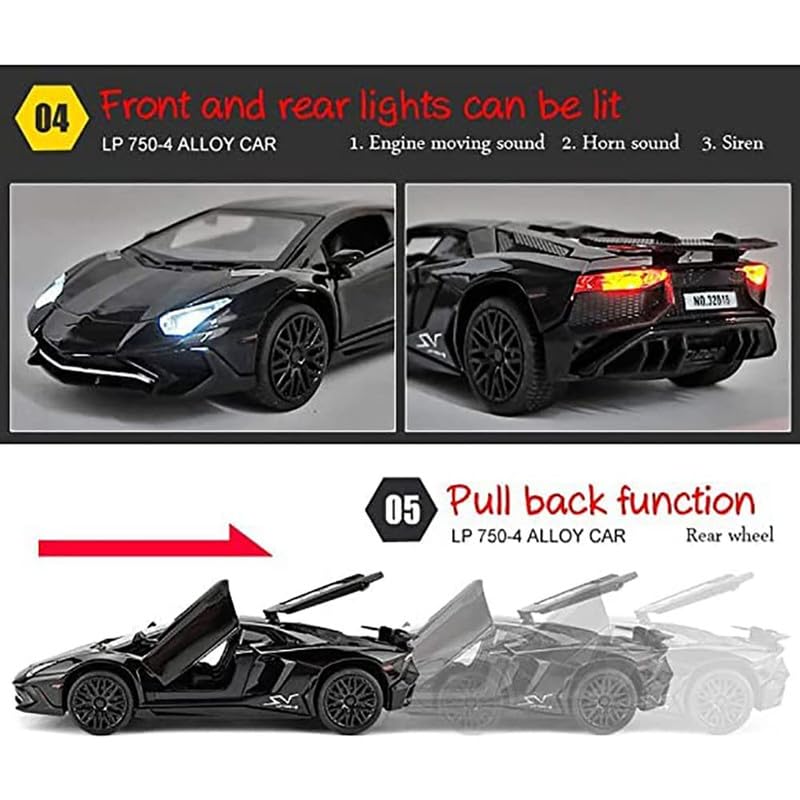 Image of Alloy Collectible Lamborghini Toy Vehicle Pull Back Die-Cast Car Model with Lights and Sound-Black