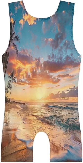 Girls Gymnastics Leotards with Shorts, Sunset Beach Palm Tree Toddler Biketards Unitard Kids Dance Outfits