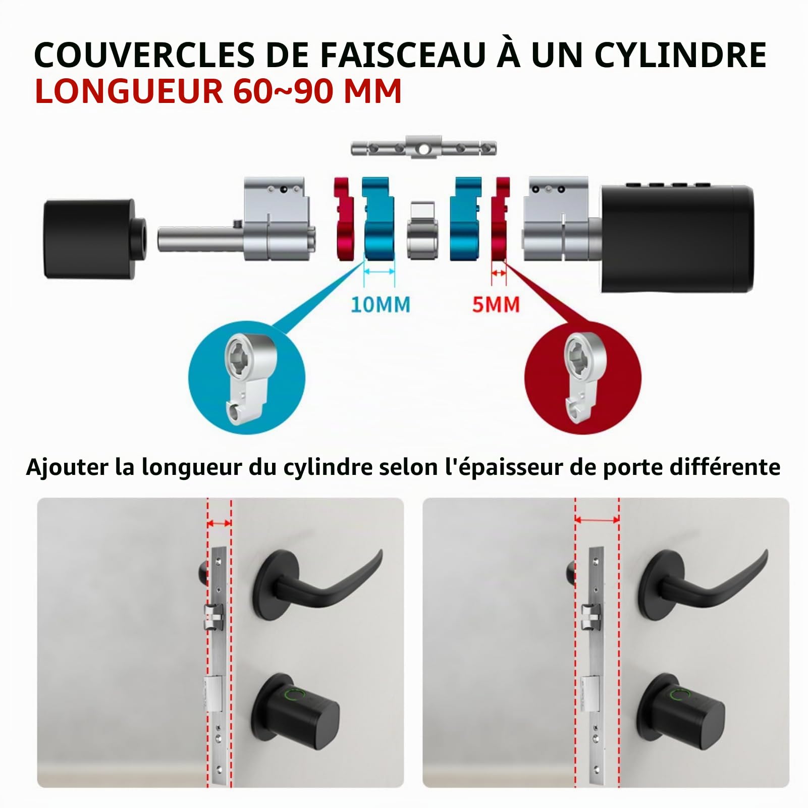Serrure de porte, avec empreinte digitale, 5 en 1, intelligente, avec code numérique RFID, application pour ouvre-porte électronique, serrure de porte d'entrée, cylindre de serrure réglable, 60 à 90