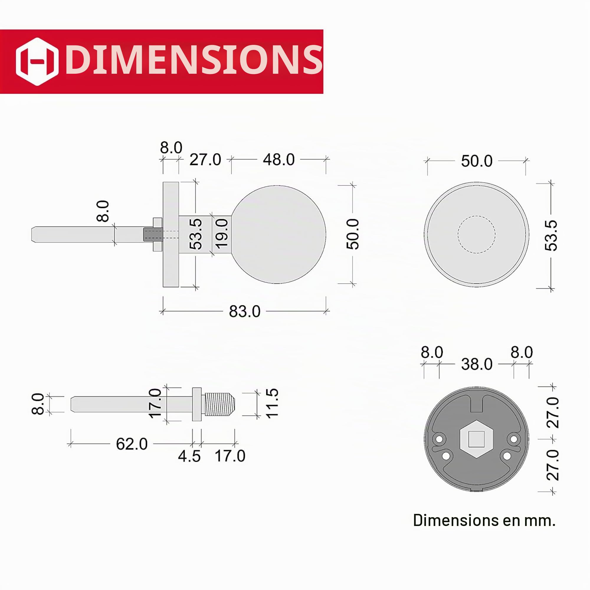JUVA Bouton de porte moderne non pivotant Ferrure de porte en acier inoxydable Bouton sphérique Porte d'entrée sur rosace ronde | LDK 214 | Ø du bouton rond 50 mm