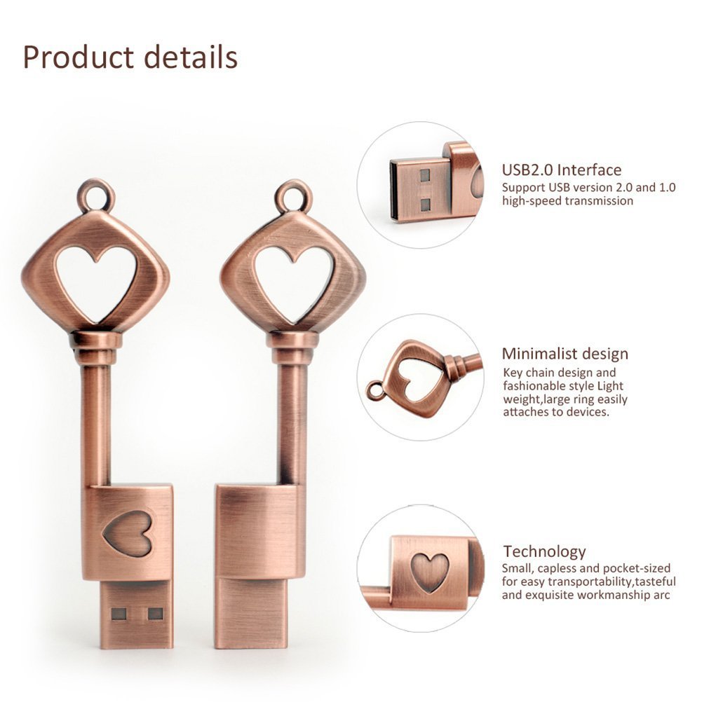 LEIZHAN Chiavette USB 16GB,Pendrive USB 2.0 Flash Drive Metallo Bronzo Cuore