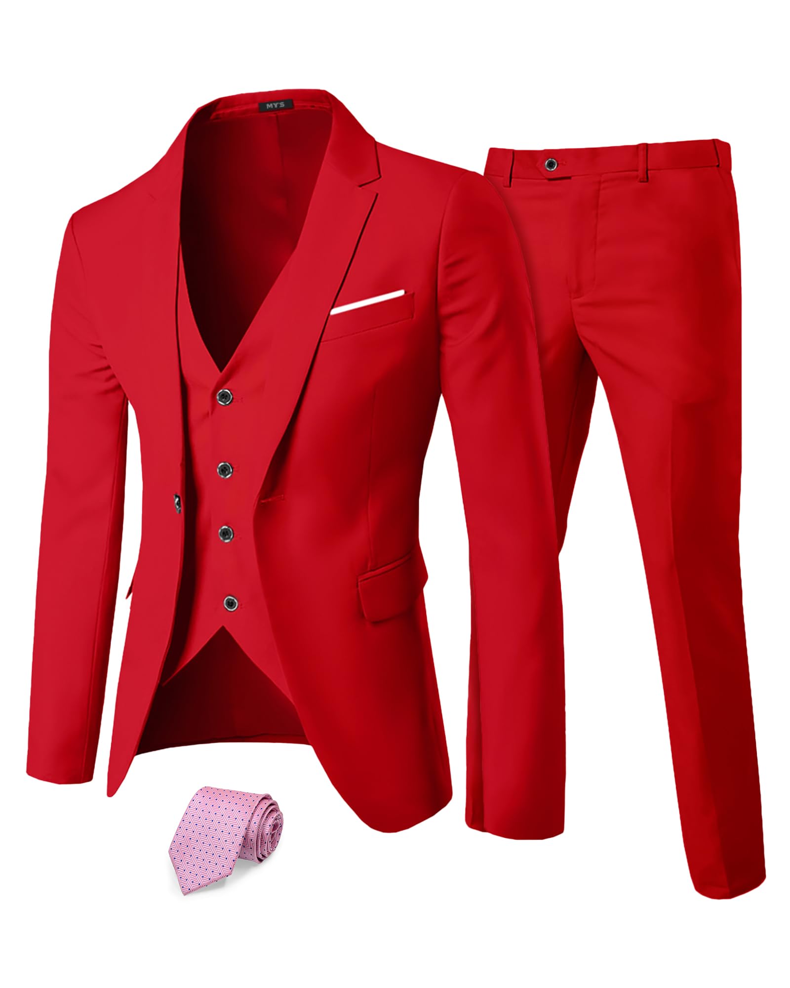 my's Men's 3 Piece Suit Blazer Slim Fit One Button Notch Lapel Dress Business Wedding Party Jacket Vest Pants & Tie Set Red-picture-19