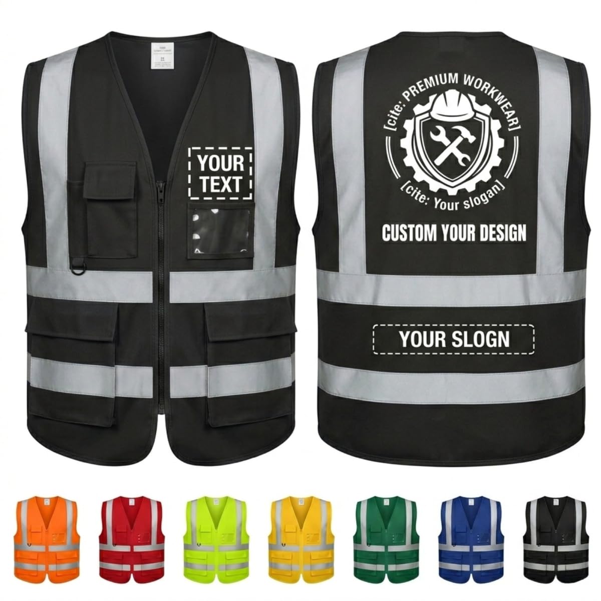 Customised High Visibility Safety Vest for Construction – Hi Vis Waistcoat with Zip, 50MM Reflective Strips, 3 Pockets + ID & Pen Holder – Personalised Workwear BK-XXL