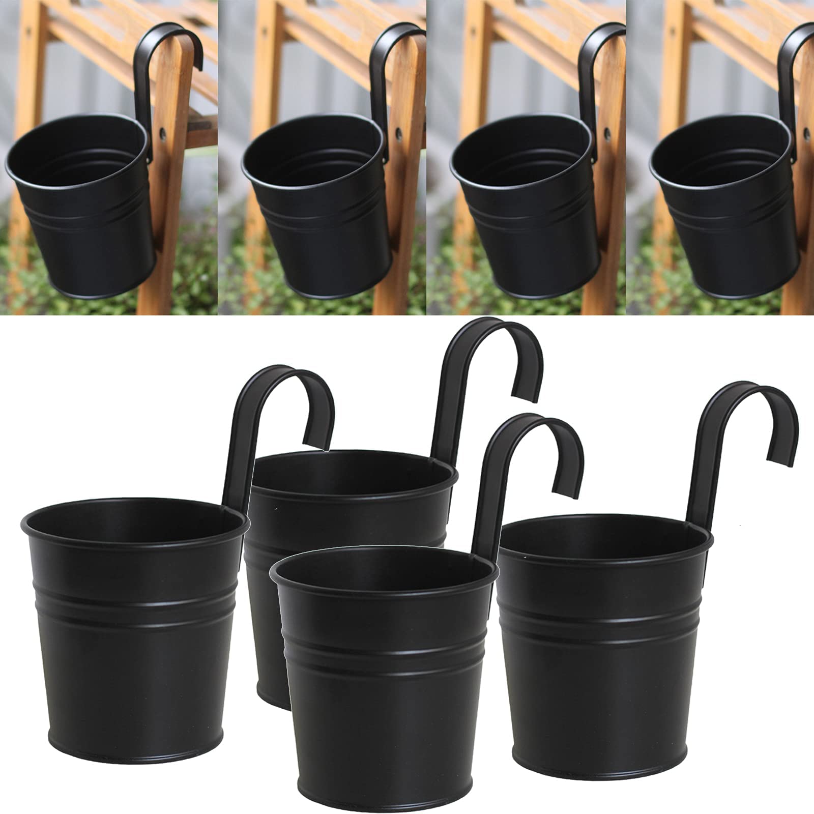 4 Pack Hanging Plant Pots, 3.9'' Metal Fence Planters with Detachable Hook & Drain Hole, Iron Flower Pots Balcony Planter Hanging Plant Pots for Outdoor Fence Rail